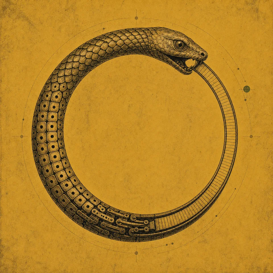 An ouroboros whose scales become punched memory cells and a continuous state tape